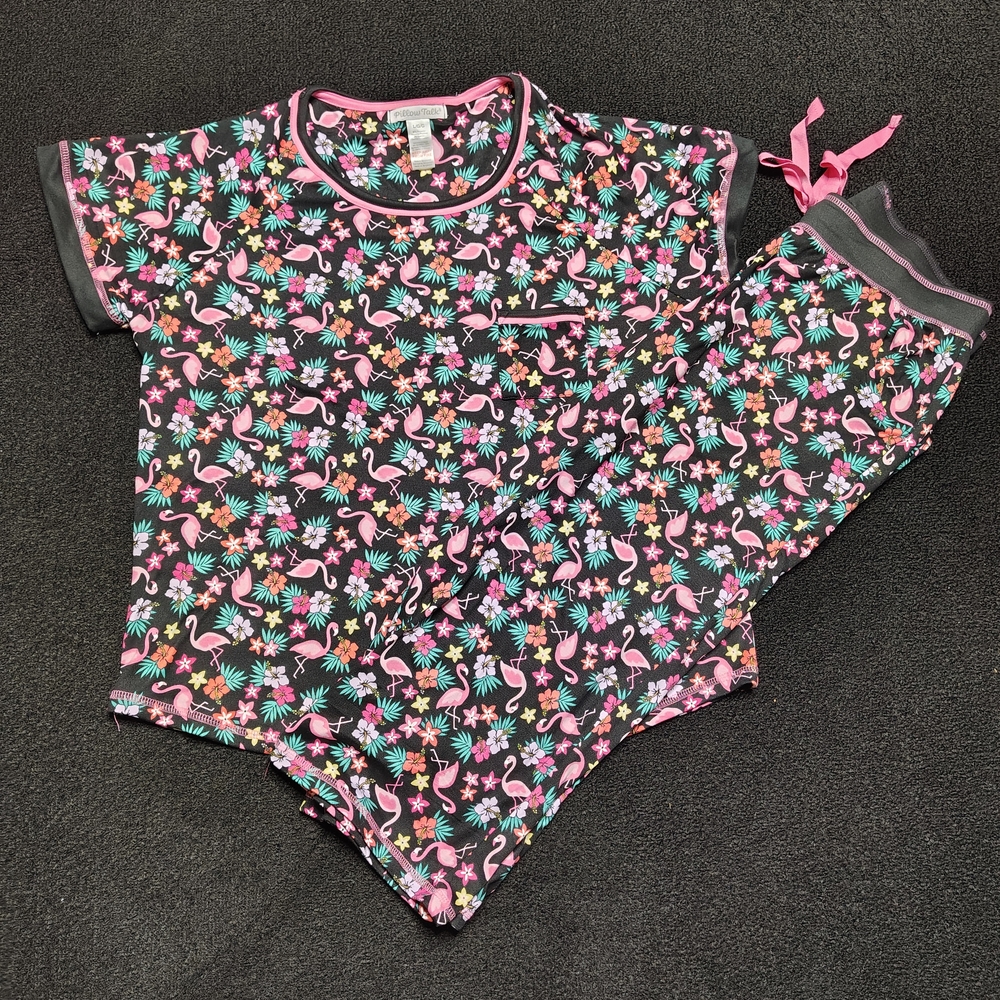 Pillow Talk 2 Pc Pajama Set Flamingoes Tropical Palm Fronds Women's Large New
